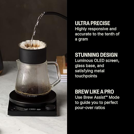 Fellow Tally Pro Coffee Scale with Timer – Espresso Scale for Pour Over and Barista Brewing, Brew Assist Mode, 0.1g Accuracy, OLED Display, Rechargeable, Glass Top – Matte Black