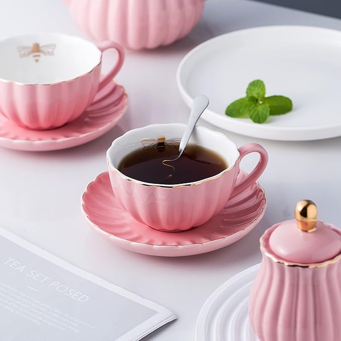 Jusalpha Service for 6- Fine China Pink Coffee Cup/Teacup Set, 8 OZ Cups& Saucer, with Teapot-Sugar Bowl-Cream Pitcher Teaspoons and tea strainer for Tea/Coffee- 24 PC (Pink, Serve of 6)
