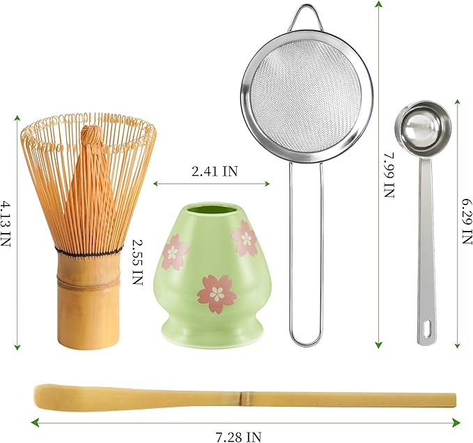 Matcha Whisk Set Matcha Making Kit Bamboo Chasen Ceramic Whisk Holder Stand Sifter Scoop Japanese Tea Tools (Green)