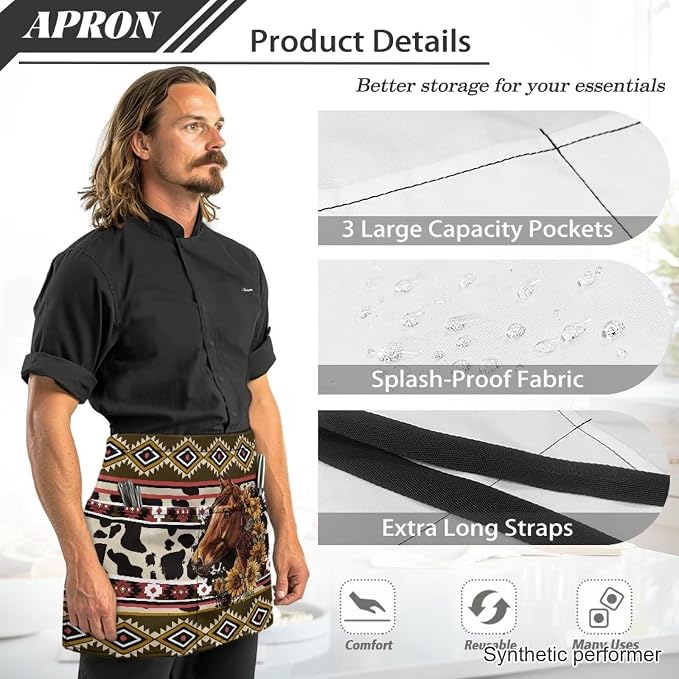 Waist Apron with 3 Pockets Waterproof 13 Inch Short Half Waist Aprons Women Men Server Aprons Waitress Waiter Apron - Image 6