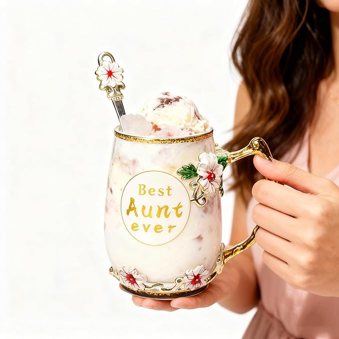 Best Aunt Ever Printed Flower Tea Glass - Hidden in Socks, Perfect Christmas Thanksgiving Gift for Aunt Auntie or Neighbor