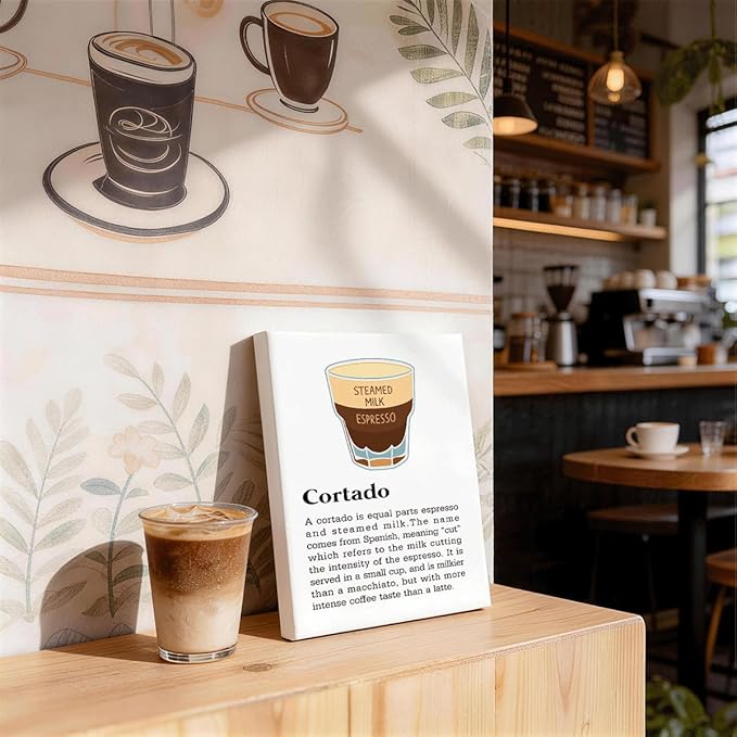 RTVJTERQ Cortado Oil Painting, 8x10 Inches Espresso & Steamed Milk Art Print, Artistic Wall Decor for Kitchen & Café, Unique Hanging Piece, Warm Gift For Beverage Enthusiasts