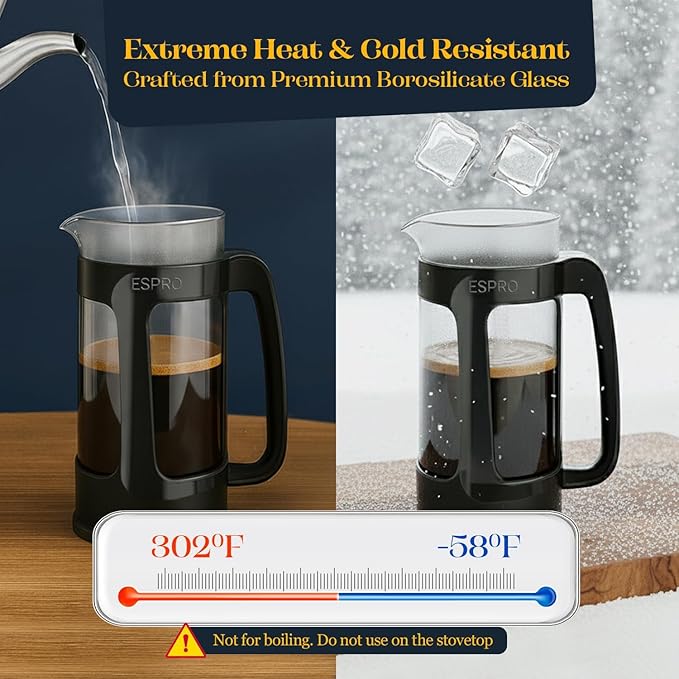 ESPRO P3 French Press Coffee Maker – Patented Double Micro-Filter for Grit-Free Brew, Heat Resistant thicker Borosilicate Glass Coffee press – (17 oz)