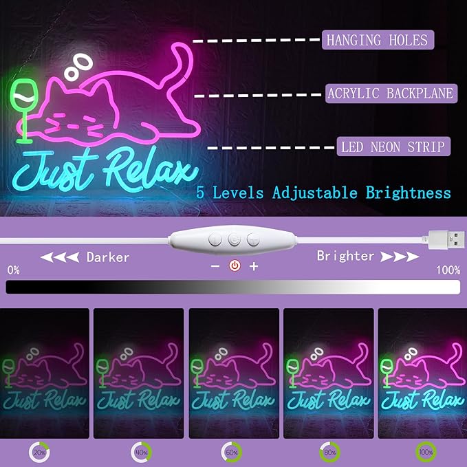 Cat Beer Neon Sign, Just Relax Neon Signs for Wall Decor, USB Dimmable Pink Cat Bar Light Up Sign for Pet Lover Bedroom Bar Birthday Party Game Room Man Cave Home Decor