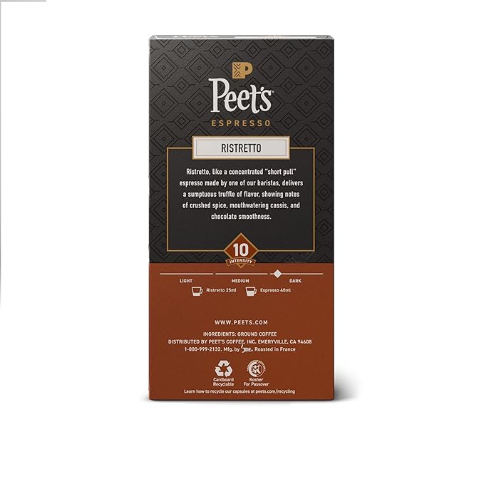 Peet's Coffee, Dark Roast Espresso Capsules, Compatible with Nespresso Original Machine, 100% Arabica Coffee - Ristretto Intensity 10, 100 Count (10 Boxes of 10 Espresso Capsules)