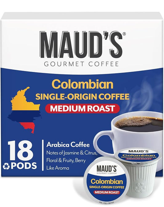 Maud's Colombian Coffee Pods, 18 ct, Single Origin, Medium Roast Coffee in Single Serve Pods – 100% Arabica Coffee, Compatible with Keurig K Cups Maker by MAUDSCOFFEETEA