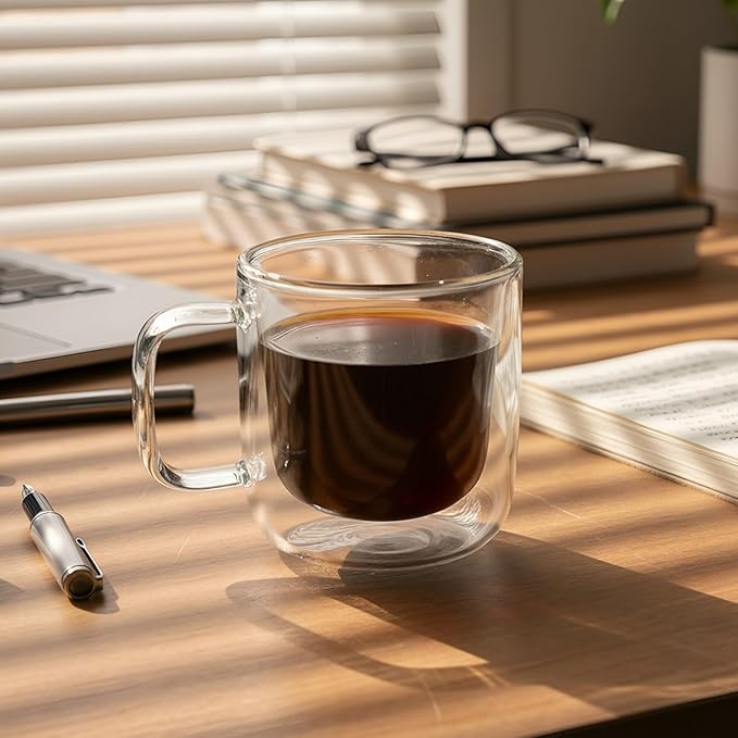Aquach 2-Pack Double Walled Insulated 8oz Glass Coffee Mugs with Handle - Ideal for Espresso, Latte, Americano, and Cappuccino