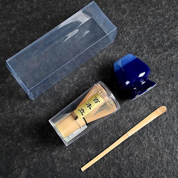 Japanese Matcha Tea Set, Bamboo Whisk (Chasen) + Matcha Scoop (Chashaku)+Ceramic Whisk Holder,fit for Japanese Tea Matcha Tea,Matcha Latte Accessories (E)
