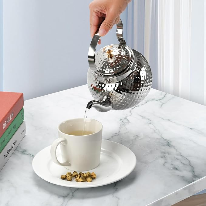 2L Hammered Tea Kettle, Stainless Steel Tea/Coffee Pot Loose Leaf Teapot for Tea, Milk, Coffee, 2L Teapot with Strainer Stovetop Tea Kettle, Outdoor Travel Supplies, Gift For Tea (Silver 2L)