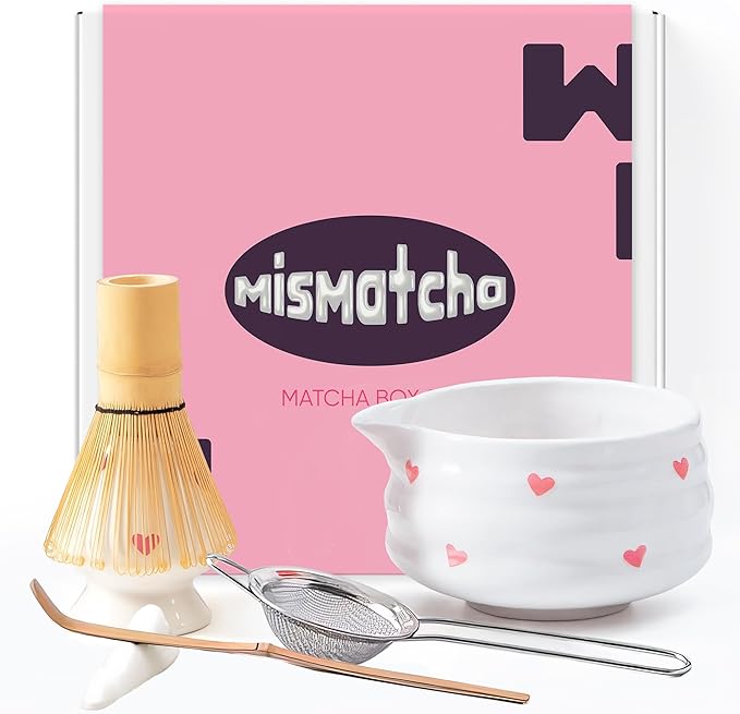 Matcha Whisk Set with Pink Hearts - 6 Piece Ceramic Matcha Set with a Bowl, Whisk, Stand, Spoon and Sifter - Designed in the UK - Gift Set