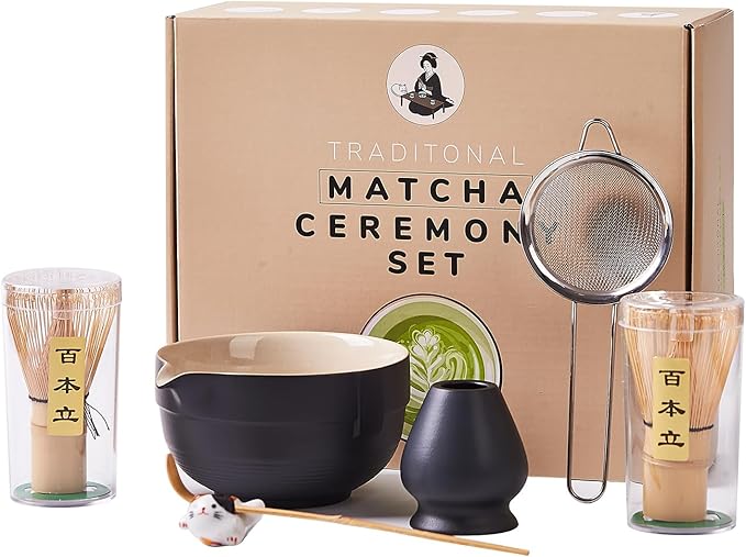 Matcha Whisk Set, Matcha Set Includes 2X Matcha Whisk, Matcha Bowl and Chasen Holder, Bamboo Scoop, Scoop Rest, Sifter - 7 Pcs Matcha Kit for Tea Ceremony, Gift for Matcha Lover (Black)