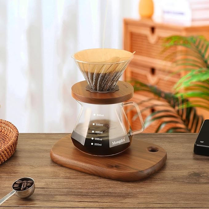 Mongdio Pour Over Coffee Maker, 20 oz High-Heat Borosilicate Glass Coffee Maker with 100pcs Paper Filters, 5 in 1 Drip Coffee Maker Set for Home Café Restaurant and Camping - 600ml, Clear