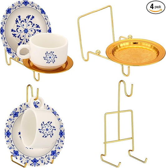 4 Pcs Tea Cup Display Stand Gold Metal Saucer Racks Tea Cup Holder China Display Stand Picture Frames Book Card Mug Organizer Bowl Decorative for Kitchen Table Plate Art