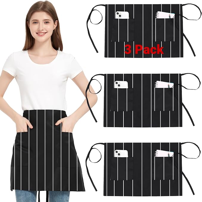 3 Pack Waist Apron with 3 Pockets, Unisex Black Waiter Aprons, Water Resistant Server Aprons for Restaurant Chef Bar by FunChaos