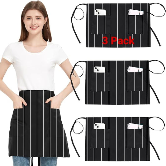 3 Pack Waist Apron with 3 Pockets, Unisex Black Waiter Aprons, Water Resistant Server Aprons for Restaurant Chef Bar by FunChaos