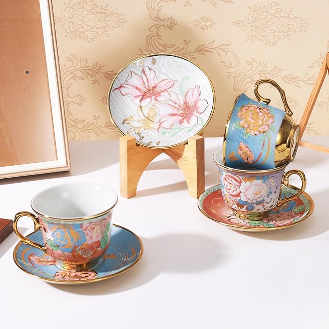 Tea Cups and Saucers, Tea Cup Set of 6, 8 OZ Floral Cups Porcelain Cup Set for Cappuccino, Coffee, Afternoon Tea Birthday Party Supply Housewarming Gift
