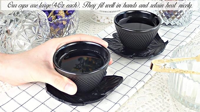 Japanese Tea Cups - 4pc Black Cast Iron Set, 2 Tea Cups and Saucers, 4oz Each