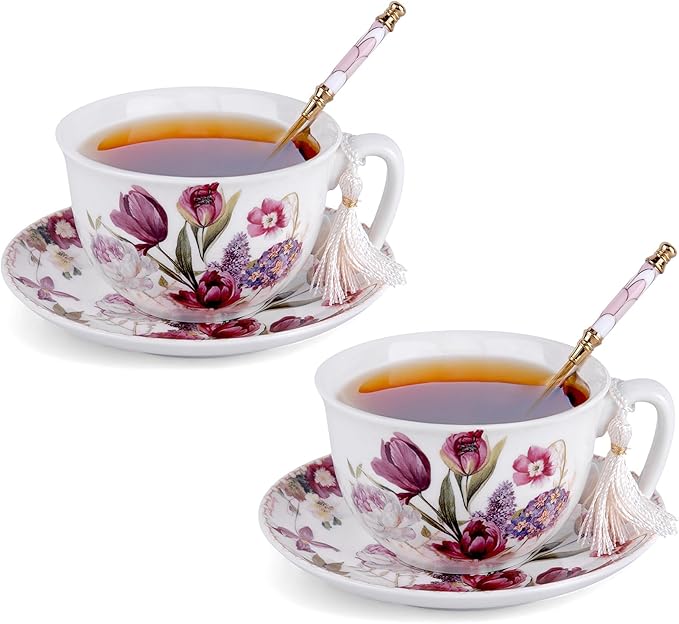STP GOODS Bone China Tea/Coffee Cup and Saucer in Gift Box Fine Bone China Coffee Cup with Saucer Tea Cup and Saucer Set of One (Flowers 300ml)