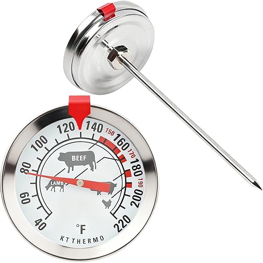 Meat Thermometer for Oven, Analog Leave-in with Adjustable Red Target Indicator, 2-Inch Dial with Meat Icons, 4.3-Inch 304 Stainless Steel Probe, 40-220°F for Beef Poultry Pork Lamb Seafood