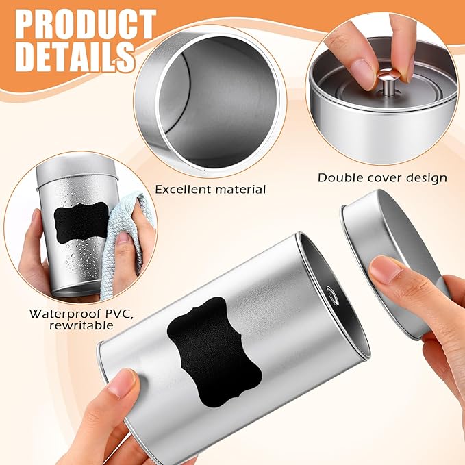 Tanlade 6 Pcs Tea Tin Canister with Airtight Lid,14 oz Tea Storage Tins with 1 Erasable Chalk Marker and 16 Stickers for Loose Leaf Coffee Sugar Metal Round Containers Can Double Sealed