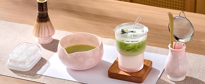 Matcha Whisk Set – Crystalline Glaze Bowl, Bamboo Whisk & Holder, Scoop & Sifter with Holder, Cup with Lid & Straw, Ice Cube Tray & Tea Towel – Pink Matcha Gift Set for Women, Women Gifts