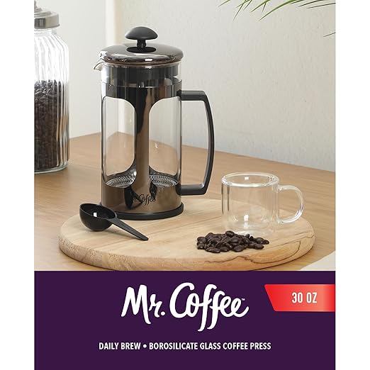 Mr. Coffee Daily Brew French Press Coffee Maker, 30-Ounce Glass Carafe with High Heat Resistant Durable Borasilicate Glass & Gunmetal Frame and Plunger, Includes Coffee Scoop