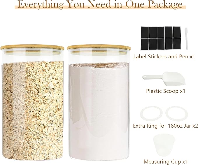 Large Glass Cereal Containers Storage with Airtight Bamboo Lids,Pantry Storage Container,Perfect for Kitchen Organization - Flour, Rice, Pasta, Sugar, Coffee Beans, Accessories Included,2 packs(168oz)