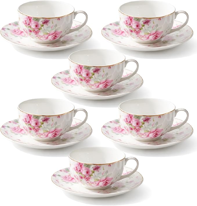 BTaT- Floral Tea Cups and Saucers, Set of 6, 7 oz, Fine Porcelain Teacup Set with Gold Trim for Afternoon Tea, Weddings, Parties & Gifting, Dishwasher Safe and Freezer Safe