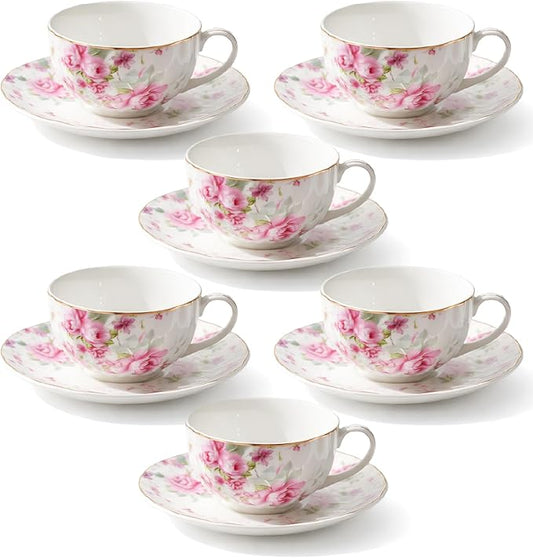 BTaT- Floral Tea Cups and Saucers, Set of 6, 7 oz, Fine Porcelain Teacup Set with Gold Trim for Afternoon Tea, Weddings, Parties & Gifting, Dishwasher Safe and Freezer Safe