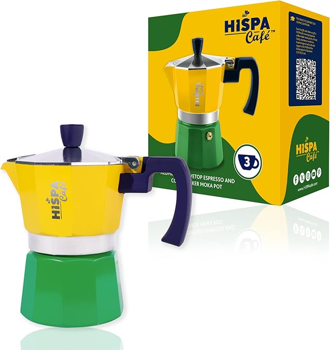 Stovetop Espresso Coffee Maker Moka Pot, 3 Espresso Cups (6 oz.), Aluminum, Silver, Green, Blue and Yellow, Brazil Themed, Cafeteira, Cafetera