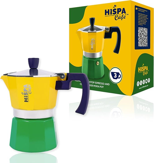 Stovetop Espresso Coffee Maker Moka Pot, 3 Espresso Cups (6 oz.), Aluminum, Silver, Green, Blue and Yellow, Brazil Themed, Cafeteira, Cafetera