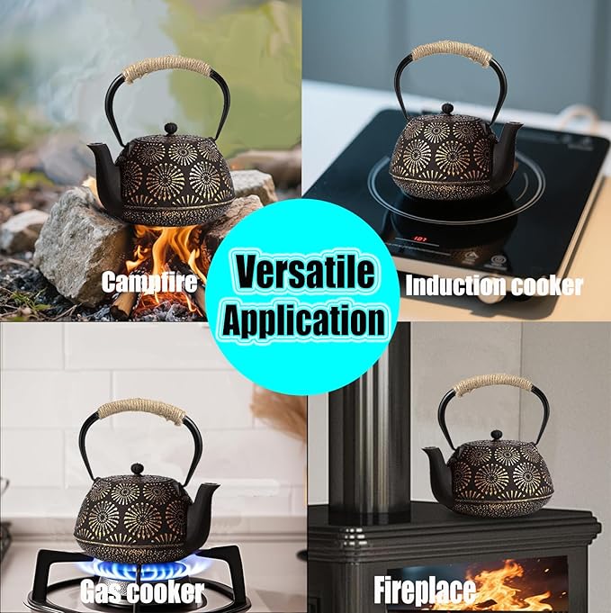 Japanese Tetsubin Cast Iron Teapot, 40oz (1200ml) Enamel-Coated Stovetop Kettle with Stainless Steel Infuser & Heat-Resistant Handle, Traditional Iron Pot for Tea Ceremony (Black Gold)