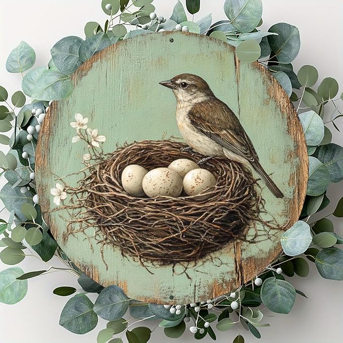 1pc Vintage Bird and Egg in Nest Round Aluminum Sign, 8x8 Inch Farmhouse Wall Decor with Pre-Drilled Holes, Durable Garden Yard Art for Home,Halloween & Christmas Gifts, Outside Decor - Image 4