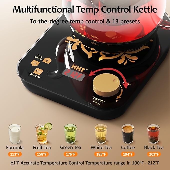 Electric Tea Maker with Infuser, ±1℉ Precise Temperature Control, Glass Electric Kettle for Herbal,Flowers,Fruit Tea and Loose Leaf,BPA-Free,Auto Shut-Off,Brewing Program,Keep Warm,0.8L/27oz Black