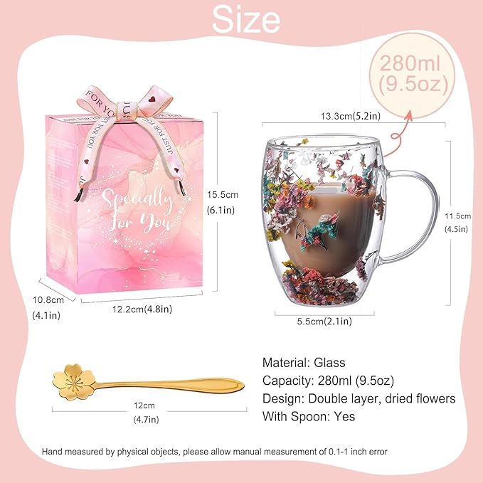 Gifts for Women Dried Flowers Double Wall Glass Coffee Mugs Cute Glass Tea Cups with Handles Autumn Mug Christmas Birthday Gifts for Best Friend Teacher Mum Gift New Home Gift Ideas Home Decor