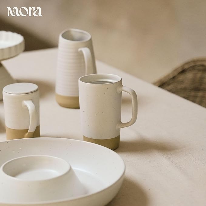 MORA Ceramics Large Tea Mug with Loose Leaf Infuser and Ceramic Lid, 18 oz, Portable, Microwave, Dishwasher Safe, Tall Coffee Cup - Rustic Matte Ceramic Glaze, Modern Herbal Tea Strainer, Oat