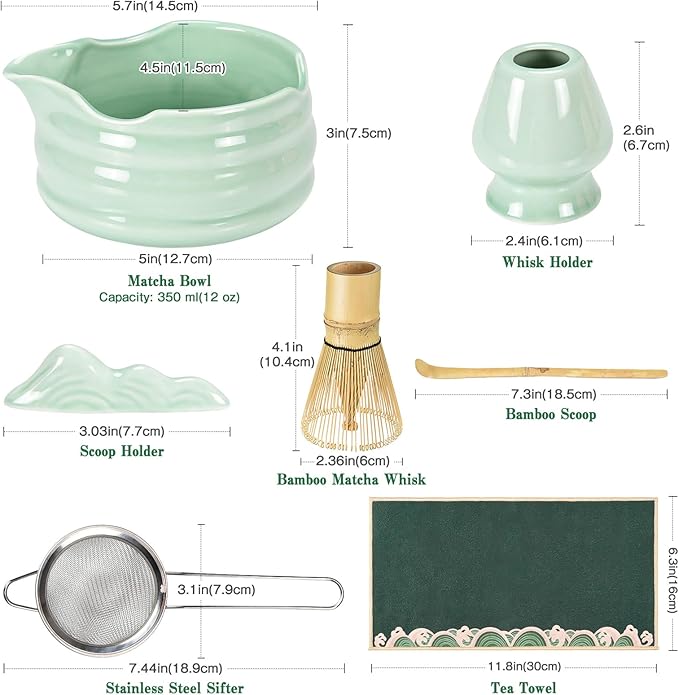 Matcha Whisk Set: 7 Pcs Ceramic Matcha Set with Bowl, Whisk, Holder, Scoop, Sifter, Rest & Towel – Japanese Matcha Kit Gift (Green)