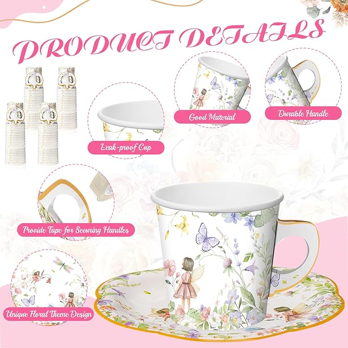 Umigy 60 Sets Tea Party Decorations 6.5 oz Fairy Floral Paper Tea Cups with Handle and Plates Disposable Blossom Teacups and Saucers Sets with Tape for Birthday Hot Cold Drink (Floral,6.5 oz,Blue)