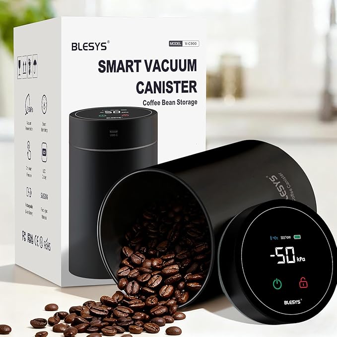 Smart Vacuum Coffee Canister, Automatic Stainless Steel Food Storage Container, LCD Monitoring, One-touch Freshness, Date Tracker, Extra-long Standby Time, Holds 11 oz Coffee Beans (Black, 0.9L)