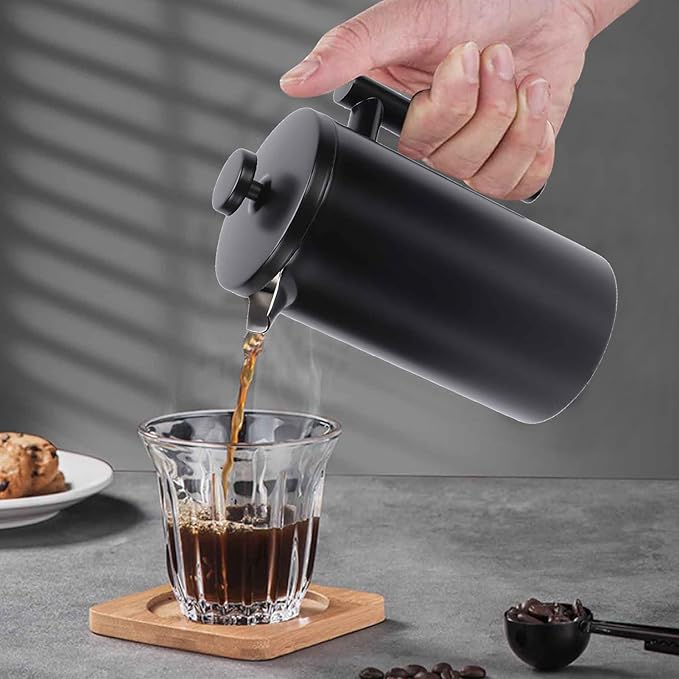 Enfmay 350ml French Press Coffee Maker, 304 Stainless Steel Double Wall Insulated Coffee Maker Pot, Triple Filtration System for Optimal Brew, Ideal for Home, Office, Camping (Black, 12 oz)