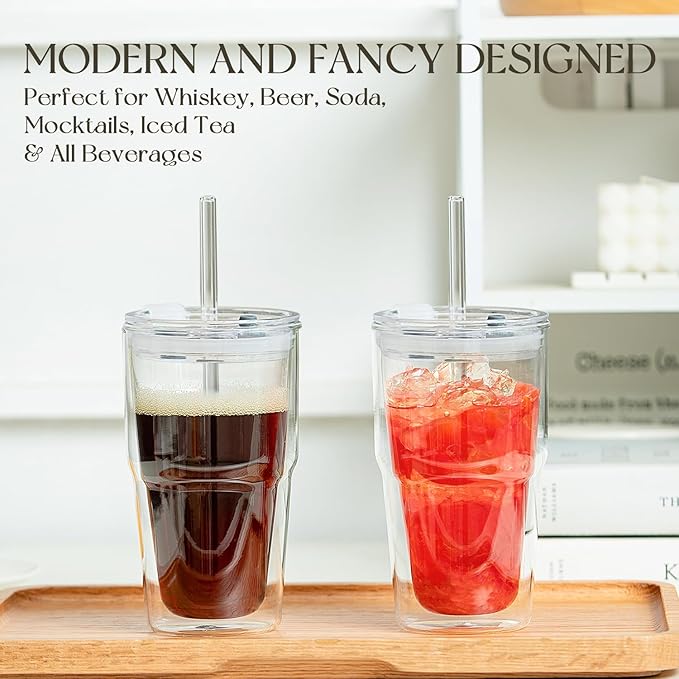 KEMORELA Set of 4 Double-Walled Glass Cups, 16 oz / 480 ml Insulated Tumblers for Iced Coffee, Latte, Matcha, Smoothies, Bubble Tea & Cold Drinks – Clear Modern Glassware, Dishwasher Safe