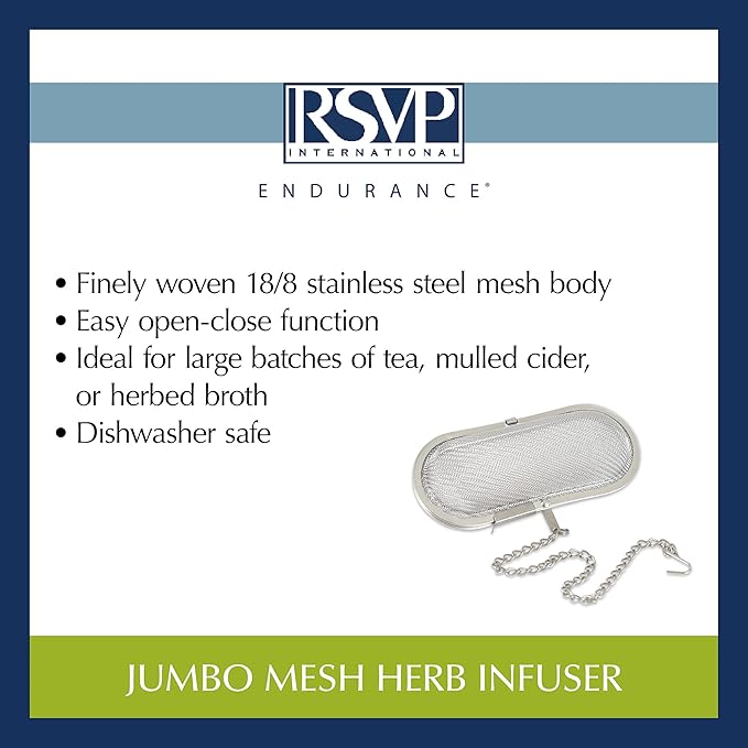RSVP International Endurance Kitchen Collection Stainless Steel Mesh Floating Spice Infuser for Soups, Stews or Large Tea Pot, Jumbo Oval, 4.25x1.75"