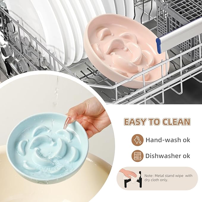 Elevated Slow Feeder Cat Bowl - Ceramic Cat Food Dish with Anti-Slip Stainless Steel Stand - Raised Maze Plate for Slow Eating - Pale Blue