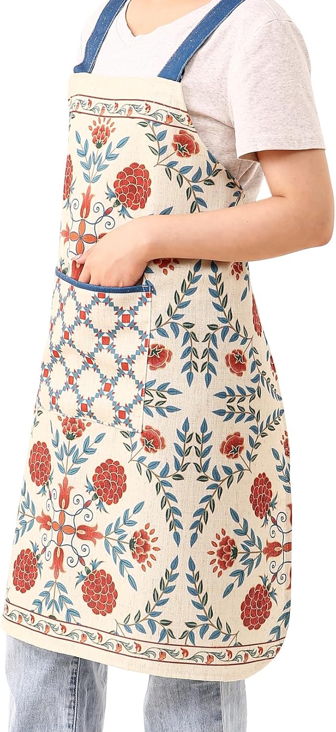 patdrea Blue Floral Linen Apron with Pocket,French Kitchen Garden Chef BBQ Aprons for Women and Men,Crisscross Back Straps - Image 2