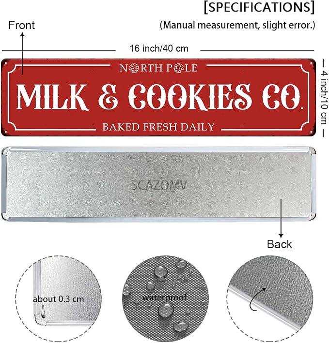 Christmas Metal Sign North Pole Milk Cookies Co Baked Fresh Daily Vintage Print Art Poster Tin Hanging Plaque for Home Kitchen Yard Cafe Coffee Bar Wall Decor Novelty Gift 16" x 4" - Image 2