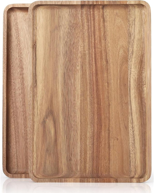 2 PCS 16 x 12 in Large Solid Acacia Wood Serving Trays Rectangular Wooden Serving Platters Natural Wooden Boards for Bar Coffee Party（Wood Log Color）