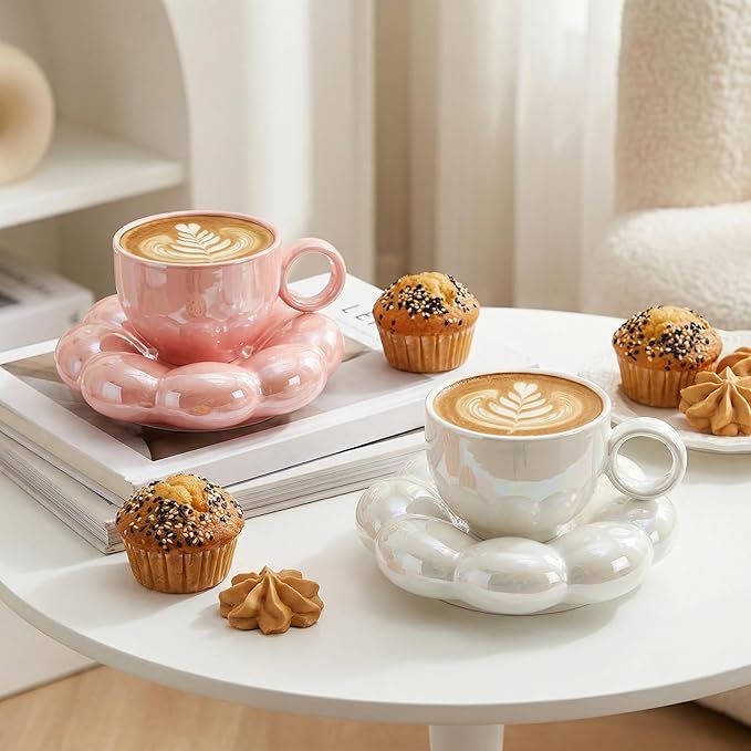 Goaste 2 Pack Ceramic Coffee Mug with Saucer Set, Cute Cloud Mug with Sunflower Coaster, 8oz Creative Latte Tea Cup for Office, Home, Coffee, Tea, Latte, Milk, Pink, Pearl White