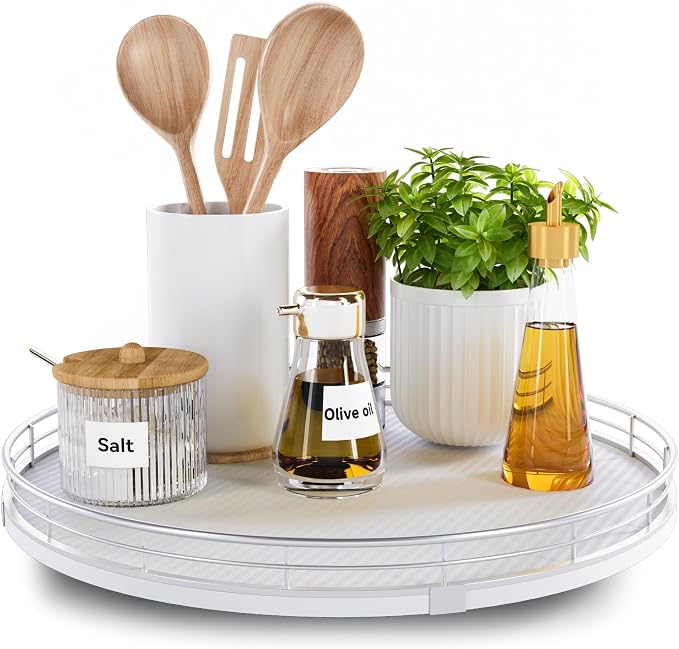 13" Lazy Susan Turntable Organizer for Table Top, Round Wooden Lazy Susan for Cabinet Kitchen Decor Centerpieces Coffee Table, Storage Condiments Spices, Bathroom Vanity Tray for Soap, White by HGF