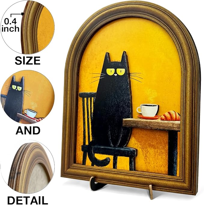3D Funny Black Cat Coffee Wall Art Sign, Cute Cat with Coffee and Croissant Decor Sign for Kitchen Dining Room Cafe Table Wall Desk Decor 8x10 Inch