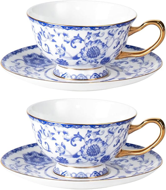 KAMMAK Tea Cups and Saucers Set of 2, Fine Bone China Coffee Cups, Stackable Espresso Mugs, Ceramic Demitasse for Coffee, Cappuccino, Latte, Americano, Tea, Enamel - Blue